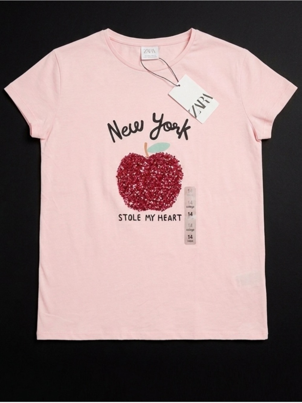 Zara Kids Pink Tee with Red Sequin Apple Graphic